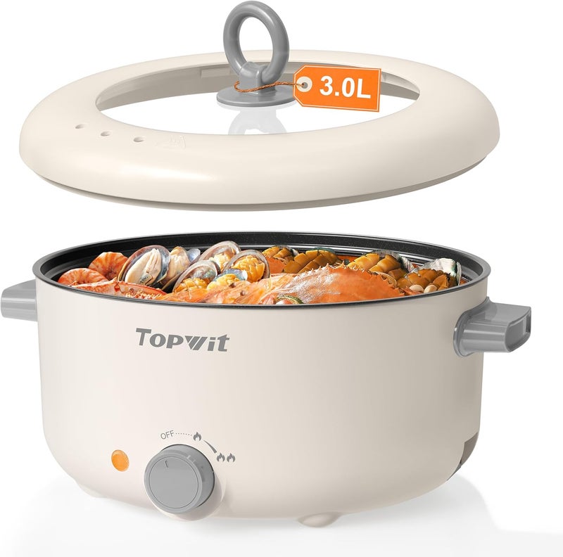 TopWit Electric Pot, 3L Hot Pot Electric, Rapid Noodles Cooker, Non-Stick Frying Pan, Multifunctional Electric Hot Pot for Steak, Egg, Ramen, Soup, Shabu Shabu Pot for Camping, RVs, Party, Beige - Image 1